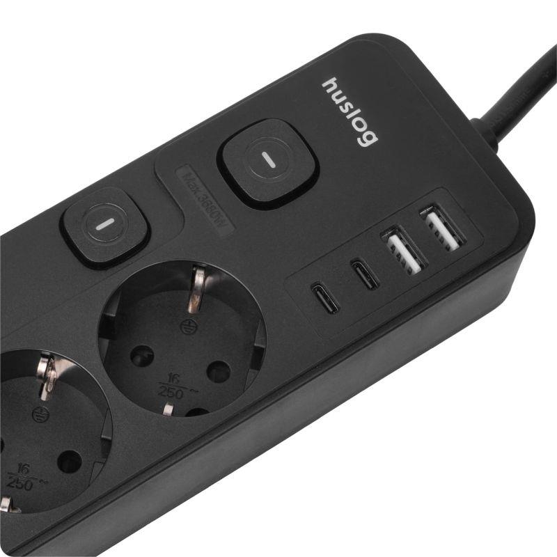 Nabíjacia stanica Huslog 15W 4xzásuvka, 2xUSB-C, 2xUSB, 5x vypínač čierna