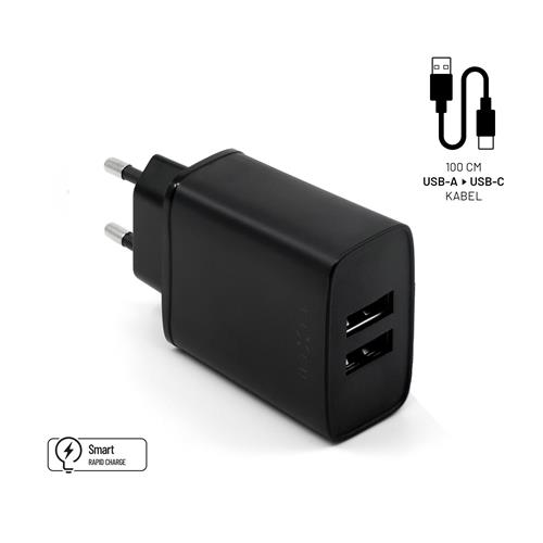 Nabíjacia súprava FIXED s výstupom 2xUSB a káblom USB/USB-C, 1 meter, 15W Smart Rapid Charge, čierna