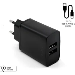 Nabíjacia súprava FIXED s výstupom 2xUSB a káblom USB/USB-C, 1 meter, 15W Smart Rapid Charge, čierna