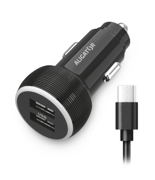 Nabíjačka do auta ALIGATOR s káblom USB-C a výstupom 2xUSB 2,4 A, čierna