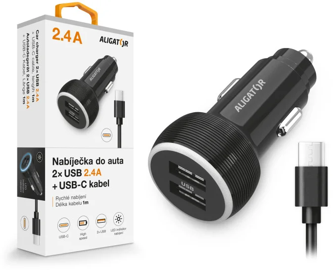 Nabíjačka do auta ALIGATOR s káblom USB-C a výstupom 2xUSB 2,4 A, čierna