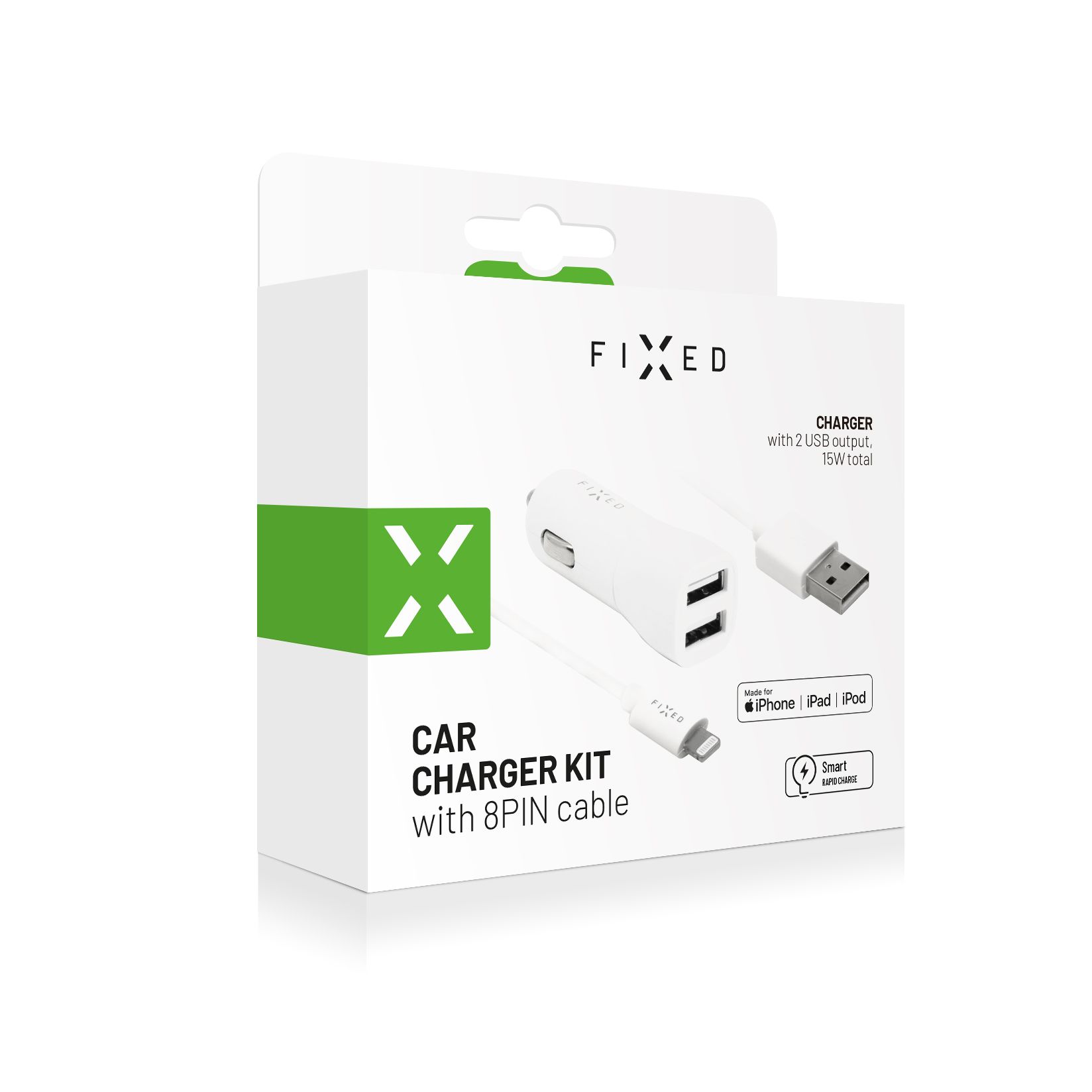 Nabíjačka do auta FIXED s výstupom 2xUSB a káblom USB/Lightning, 1 meter, certifikácia MFI, 15W Smart Rapid Charge, biela