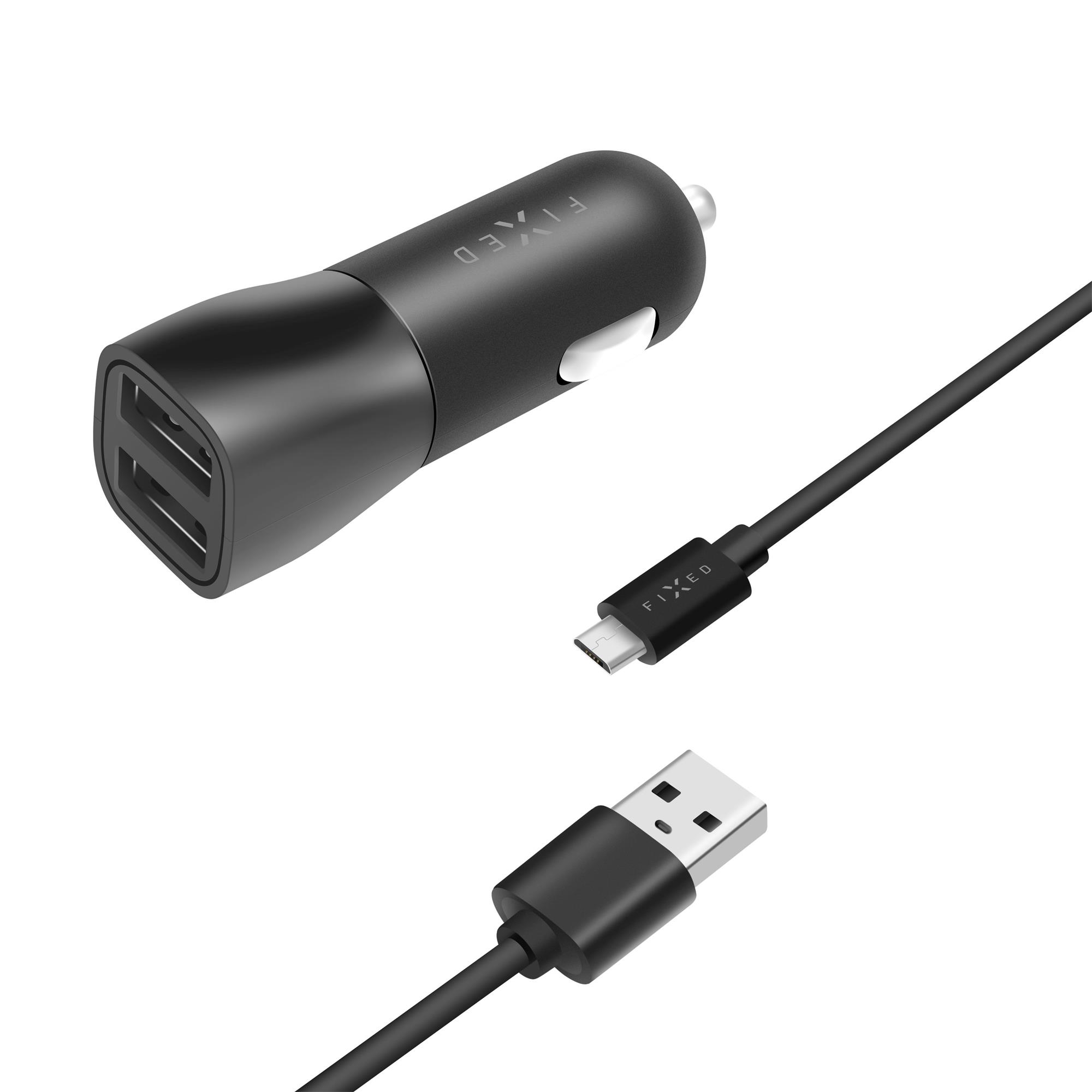 Nabíjačka do auta FIXED s výstupom 2xUSB a káblom USB/micro USB, 1 meter, 15W Smart Rapid Charge, čierna