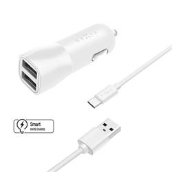 Nabíjačka do auta FIXED s výstupom 2xUSB a káblom USB/USB-C, 1 meter, 15W Smart Rapid Charge, biela