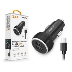 Nabíječka do auta ALIGATOR s USB-C kabelem a 2xUSB výstupem 2.4A, černá