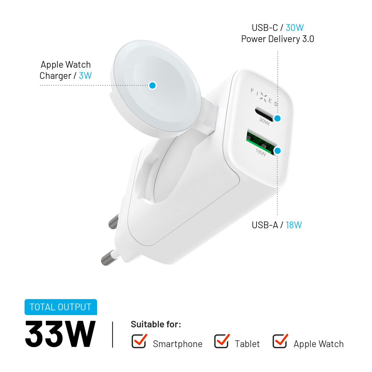 Napájacia zásuvka FIXED s USB-A a USB-C, Apple Watch, 33 W, biela