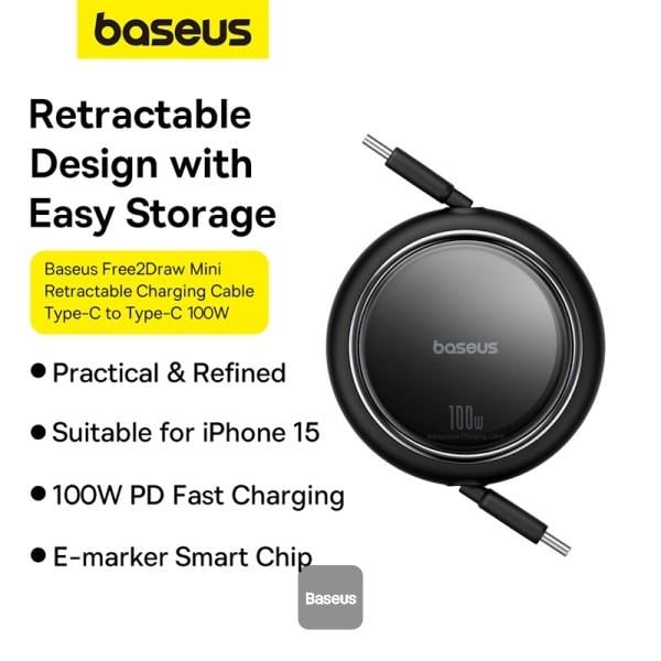 Navíjecí kabel Baseus Free2Draw USB-C/USB-C 1m 100W černý