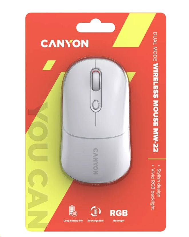 Optická bezdrôtová myš CANYON MW-22, RGB, 800/1200/1600 dpi, 4 tl, BT+2,4 GHz, batéria 650 mAh, snehovo biela