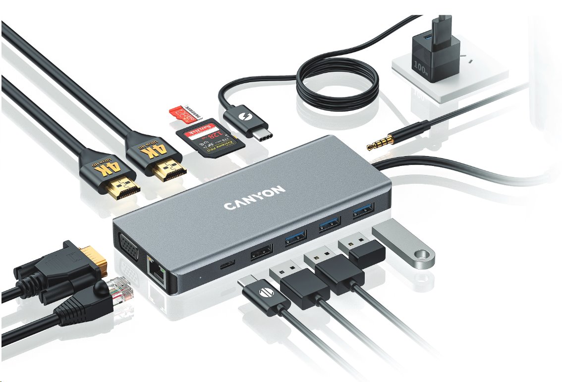 Portový rozbočovač CANYON DS-12 13 v 1, 1x USB-C PD 100 W, 2x HDMI (4K), VGA, 4x USB-A, RJ45 Gb, 3,5 mm konektor, čítačka SD/micro