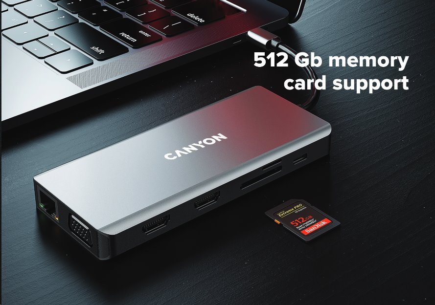 Portový rozbočovač CANYON DS-12 13 v 1, 1x USB-C PD 100 W, 2x HDMI (4K), VGA, 4x USB-A, RJ45 Gb, 3,5 mm konektor, čítačka SD/micro