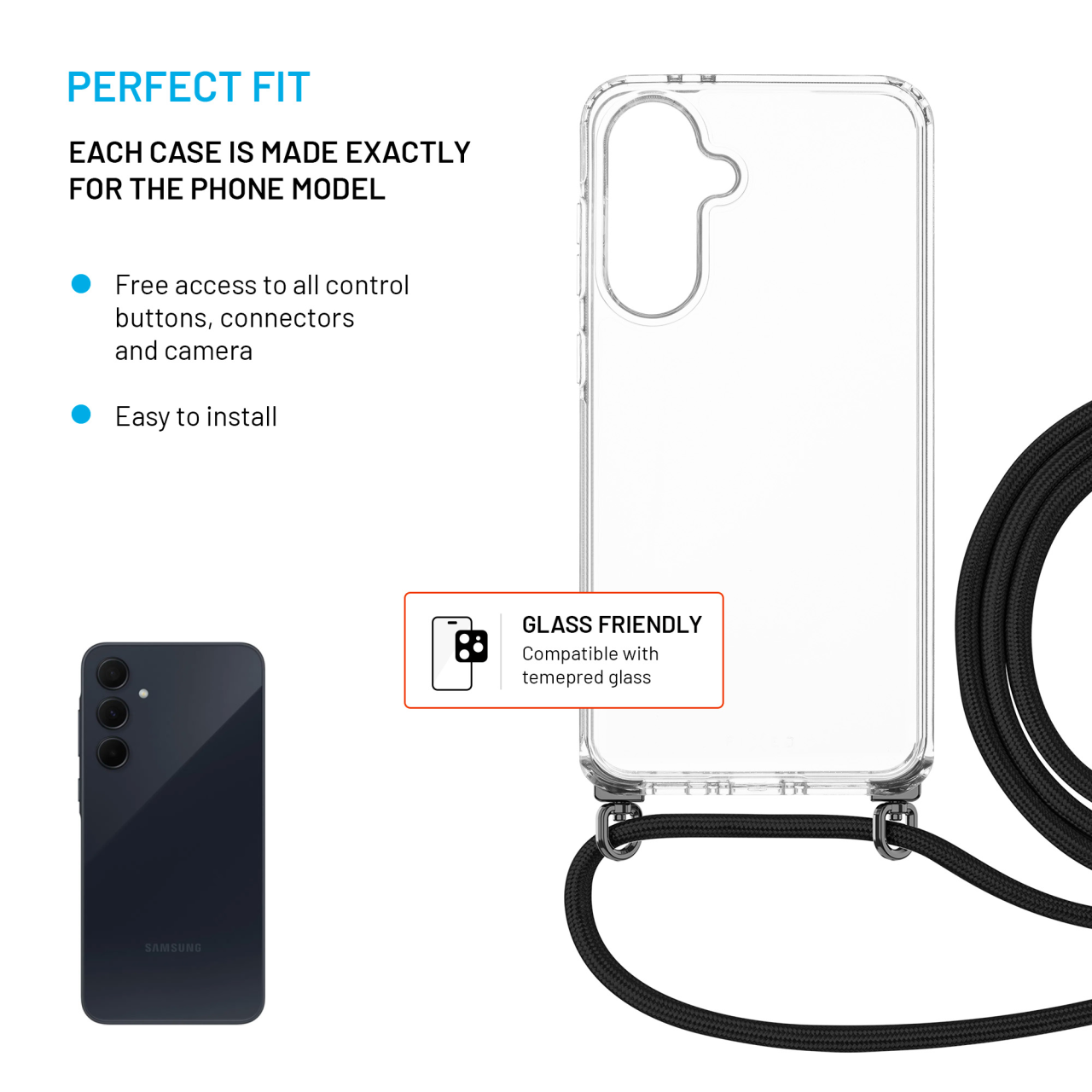 Pouzdro FIXED Pure Neck s černou šňůrkou pro Samsung Galaxy A36 5G/A56 5G
