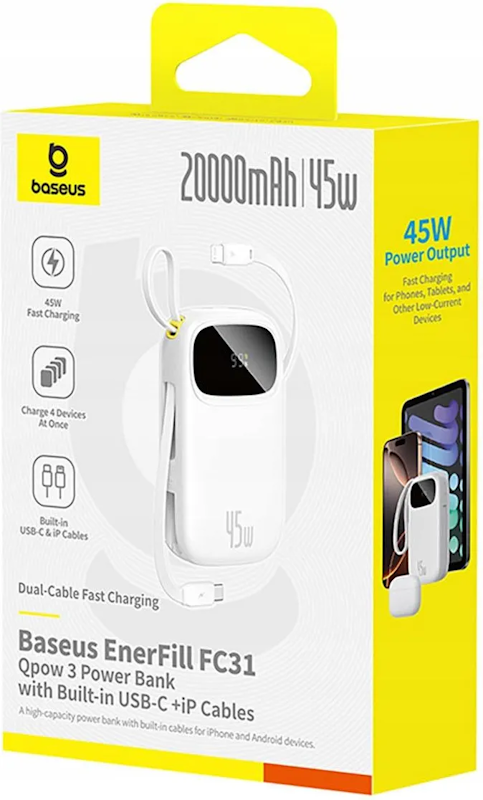 Powerbank Baseus EnerFill FC31 Qpow 3 20000mAh, 45W, s káblom USB-C a Lightning, biela