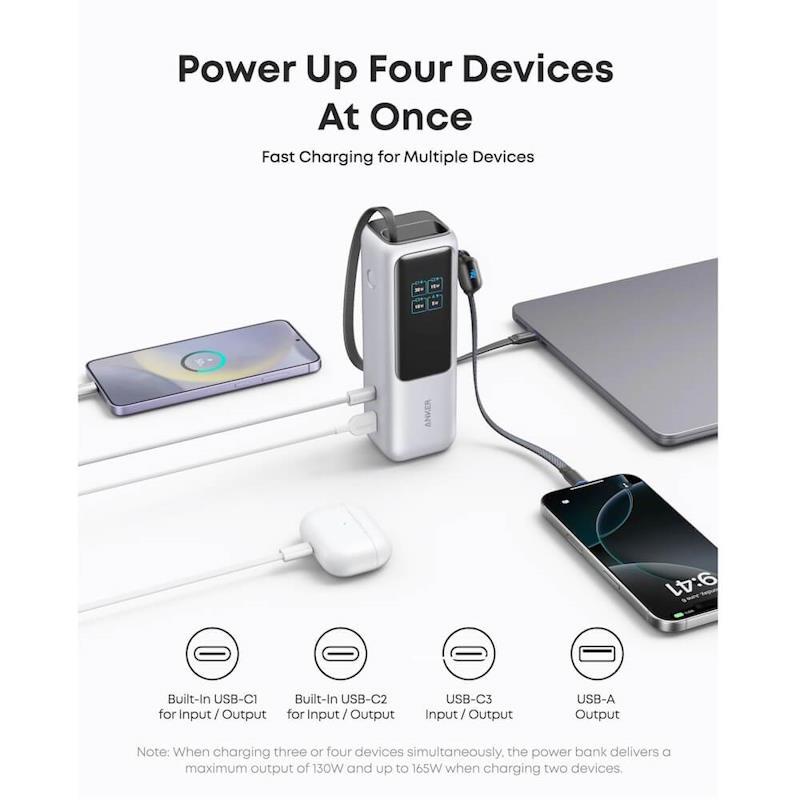 Powerbanka Anker 25000mAh, 165W s kabelem USB-C stříbrná
