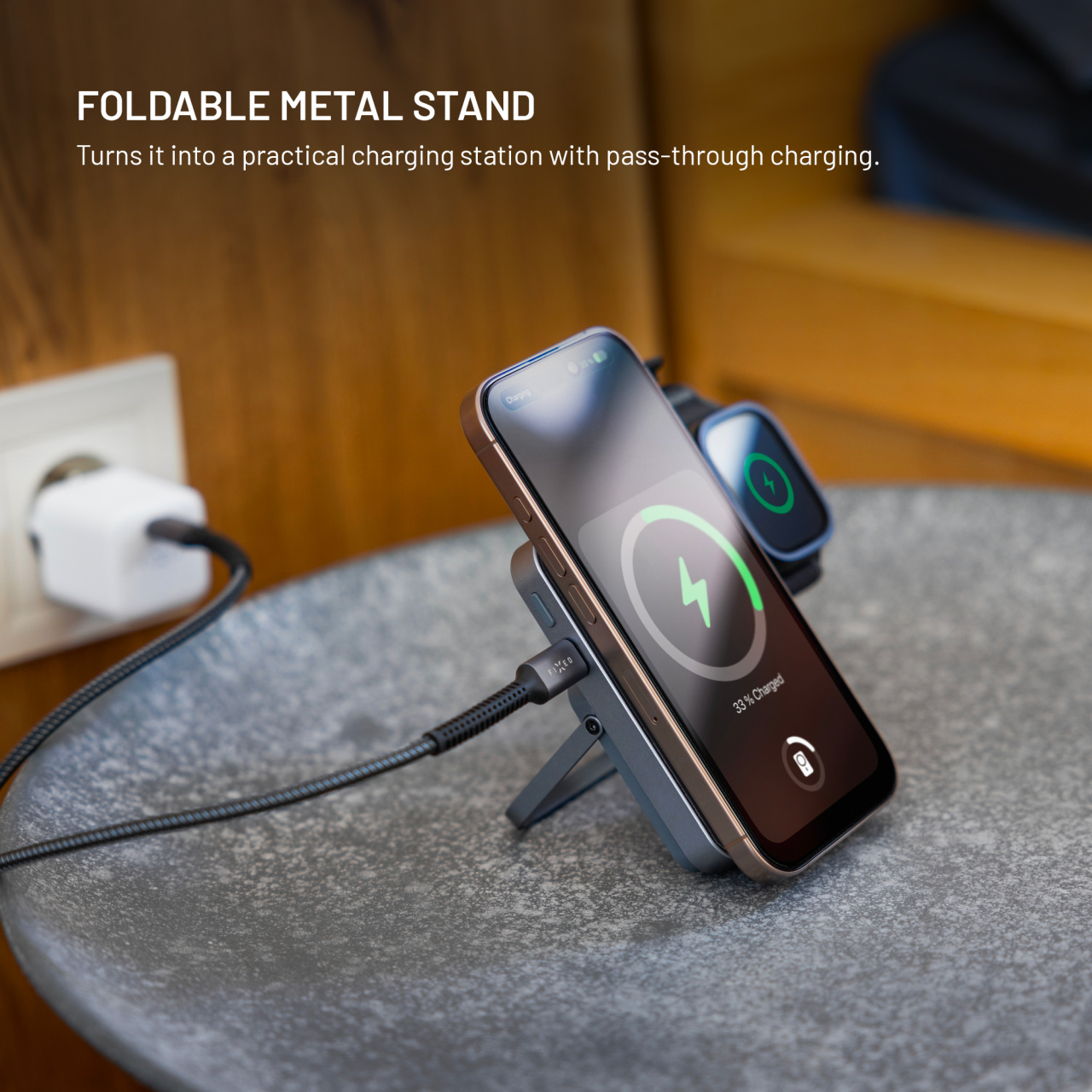 Powerbanka so stojanom FIXED MagZen 5 Stand s MagSafe, 5000 mAh, sivá