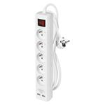 Predlžovací kábel 3 m / 5 zásuviek / s vypínačom / biely / PVC / s USB / 1,5 mm2