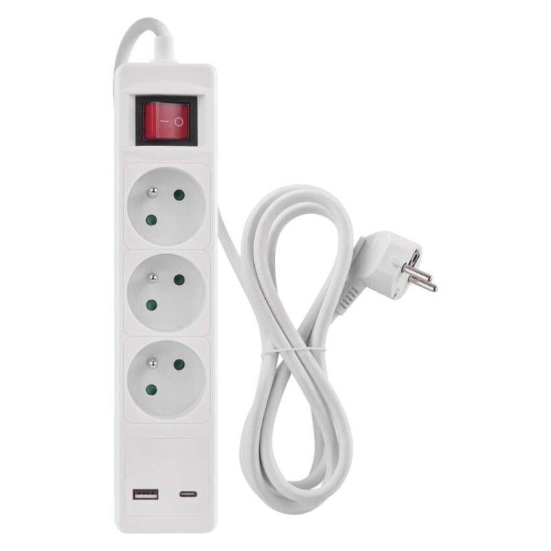 Predlžovací kábel Emos 2 m / 3 zásuvky / s vypínačom / biely / 1×USB-A + 1×USB-C / 1,5 mm2