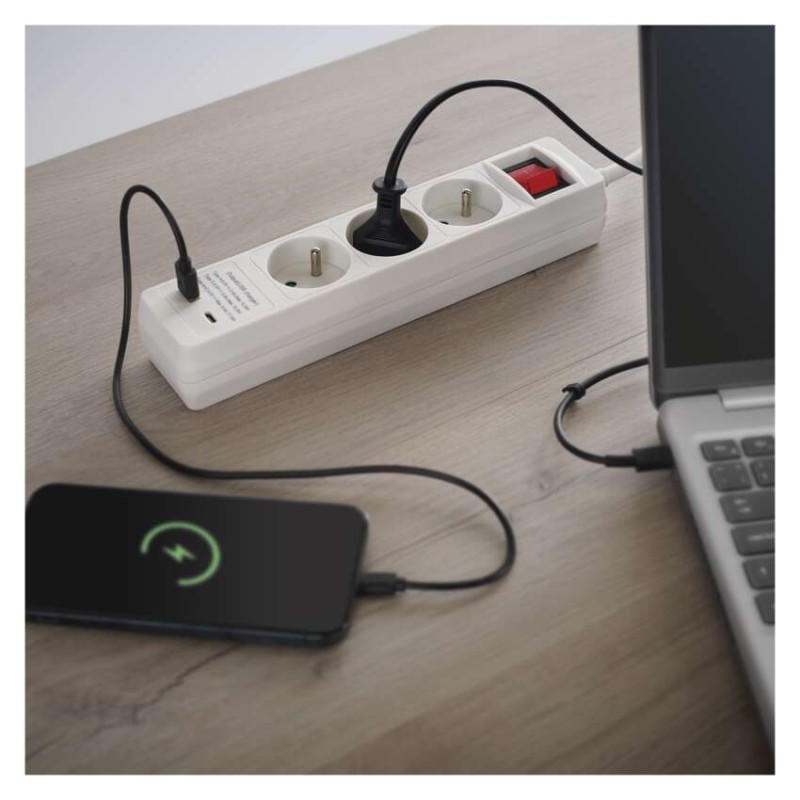 Predlžovací kábel Emos 2 m / 3 zásuvky / s vypínačom / biely / 1×USB-A + 1×USB-C / 1,5 mm2