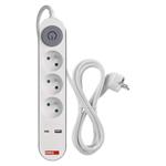 Predlžovací kábel Emos 2 m / 3 zásuvky / s vypínačom / biely / 1×USB-A + 1×USB-C / 1,5 mm2