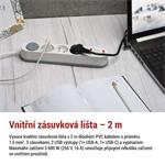 Predlžovací kábel Emos 2 m / 3 zásuvky / s vypínačom / biely / 1×USB-A + 1×USB-C / 1,5 mm2