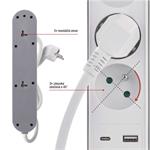 Predlžovací kábel Emos 2 m / 3 zásuvky / s vypínačom / biely / 1×USB-A + 1×USB-C / 1,5 mm2