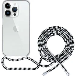 Priehľadný kryt EPICO so šnúrkou na zavesenie pre iPhone 14 - čiernobiely