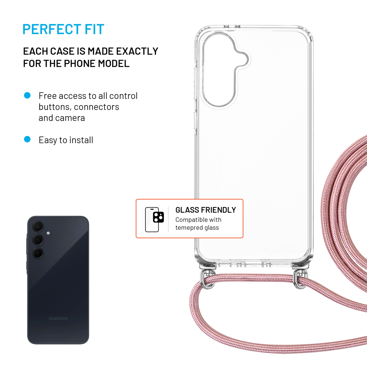Puzdro FIXED Pure Neck s ružovým káblom pre Samsung Galaxy A36 5G/A56 5G