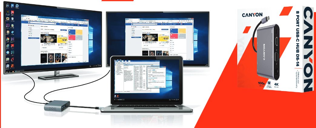 Replikátor portov CANYON DS-14 8v1, 1xUSB-C PD 100W, 1xHDMI (4K), VGA, 3xUSB-A 3.0, RJ45 Gb, 3,5mm jack