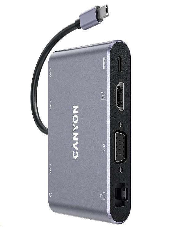 Replikátor portov CANYON DS-14 8v1, 1xUSB-C PD 100W, 1xHDMI (4K), VGA, 3xUSB-A 3.0, RJ45 Gb, 3,5mm jack