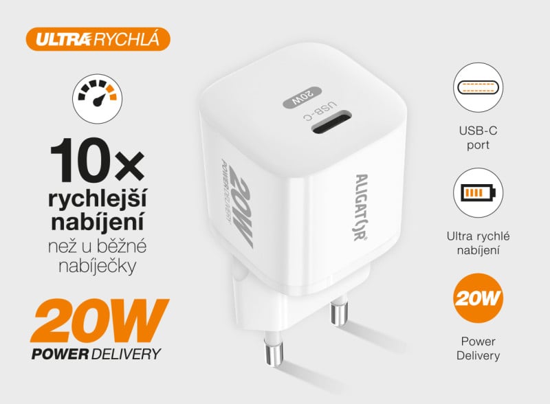Rychlá nabíječka ALIGATOR Mini, PD 20W, USB-C/Lightning kabel, bílá