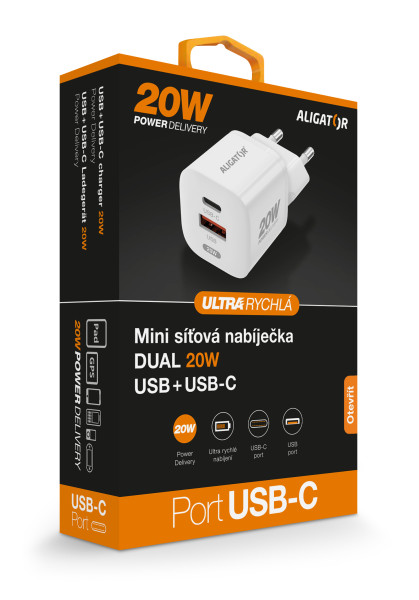 Rychlá nabíječka ALIGATOR Mini, PD 20W USB + USB-C, bílá