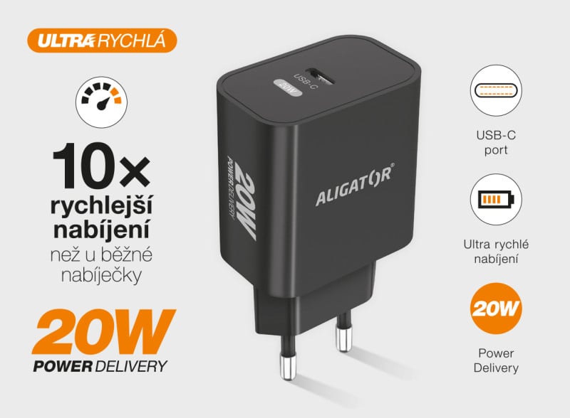 Rychlá nabíječka ALIGATOR PD 20W USB-C, USB-C/USB-C, černá
