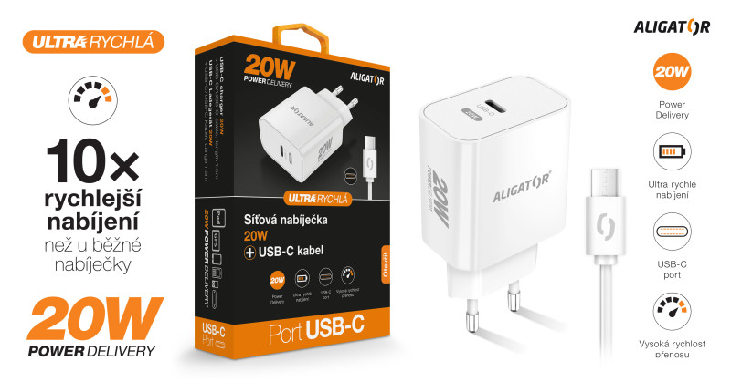 Rychlá nabíječka ALIGATOR PD 20W USB-C, USB-C/USB-C kabel, bílá