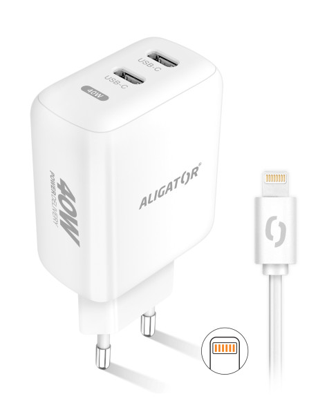 Rychlá nabíječka ALIGATOR, PD 40W, 2xUSB-C, USB-C/Lightning kabel, bílá
