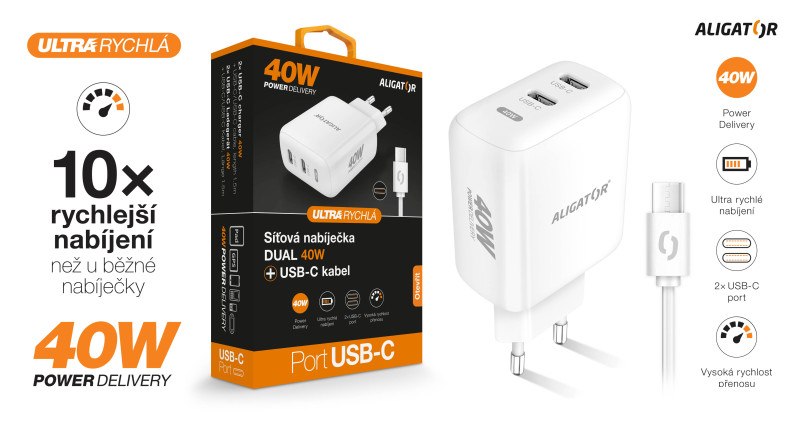 Rychlá nabíječka ALIGATOR, PD 40W, 2xUSB-C, USB-C/USB-C kabel, bílá