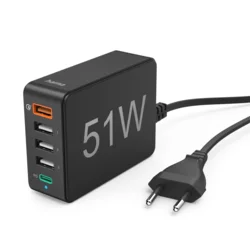 Rýchla stolová nabíjačka USB Hama, 4x USB-A, 1x USB-C, PD/QC, 51 W, 1,2 m