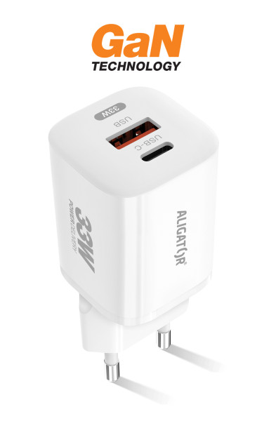 Rýchlonabíjačka ALIGATOR GaN, PD 33W USB + USB-C, biela