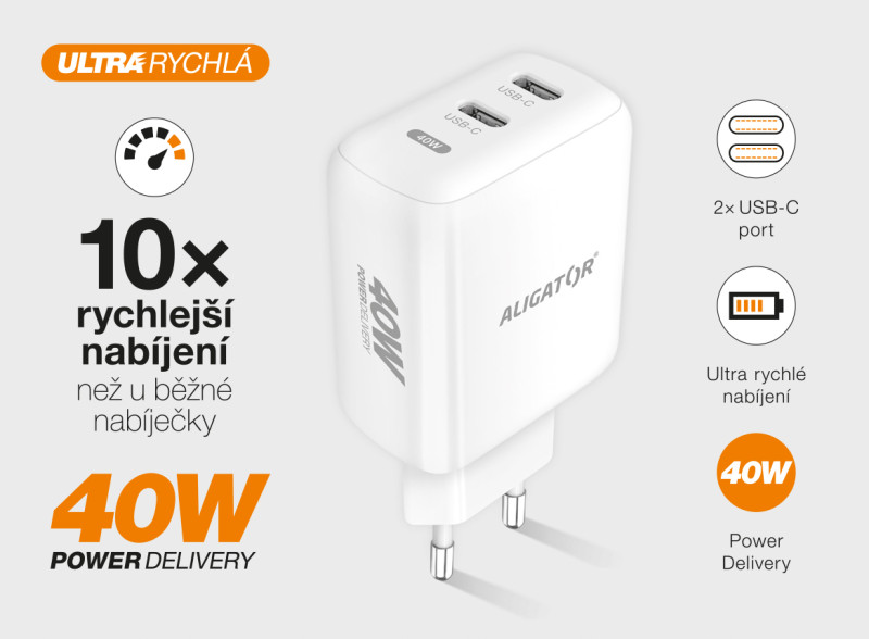 Rýchlonabíjačka ALIGATOR, PD 40W 2xUSB-C, biela