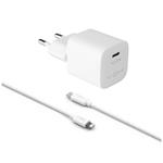 Sada mini sieťovej nabíjačky FIXED s výstupom USB-C a káblom USB-C/Lightning, podpora PD, 1,2 metra, MFI, 30 W, biela