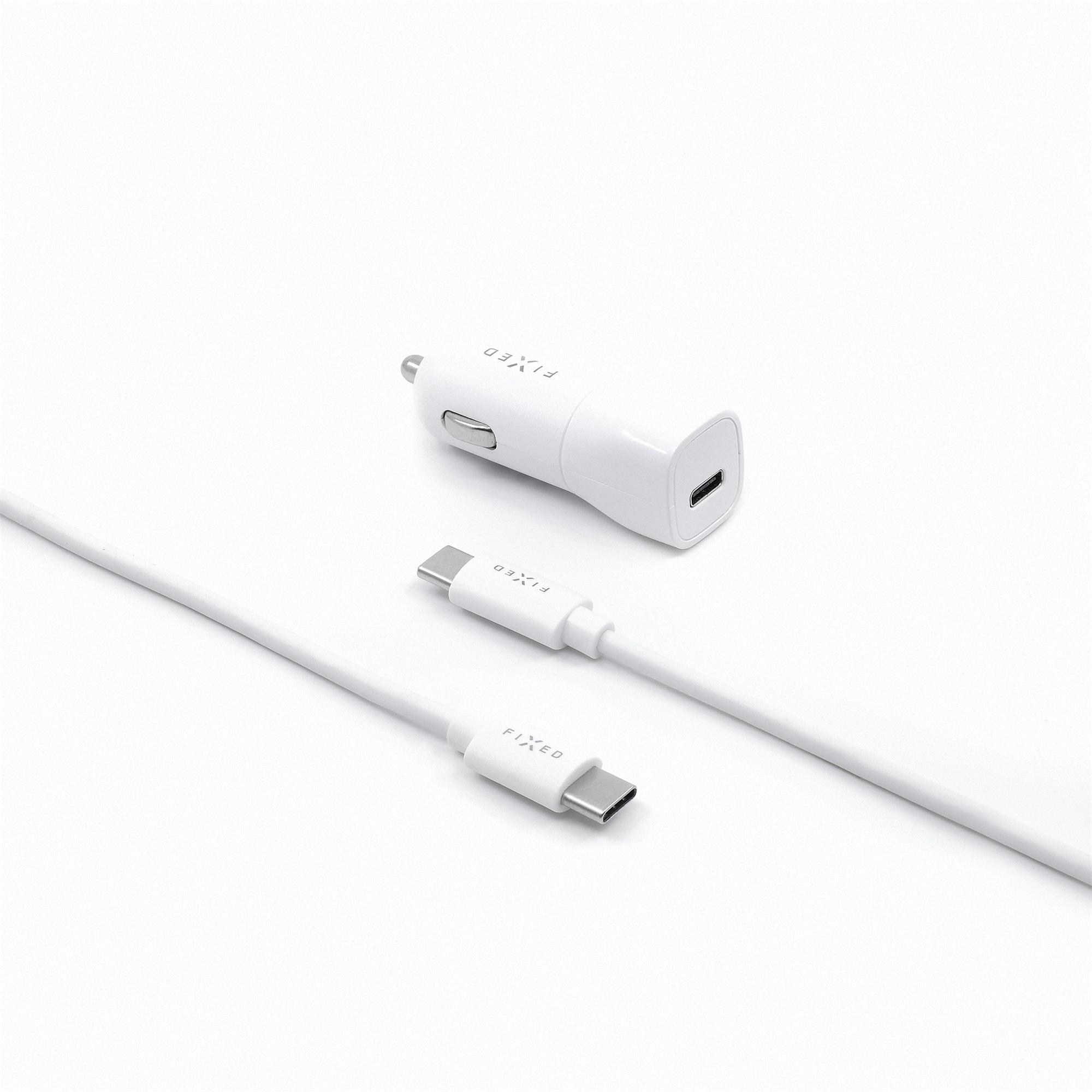 Set autonabíječky FIXED s USB-C výstupem a USB-C/USB-C kabelu, podpora PD, 1 metr, 18W, bílý