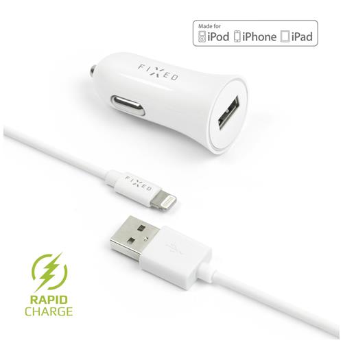 Set autonabíječky FIXED s USB výstupem a USB/Lightning kabelu, 1 metr, MFI certifikace, 12W, bílá