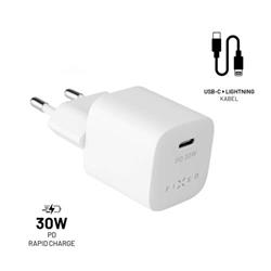 Set síťové nabíječky FIXED Mini s USB-C výstupem a USB-C/Lightning kabelu, podpora PD, 1.2 metr, MFI, 30W, bílý