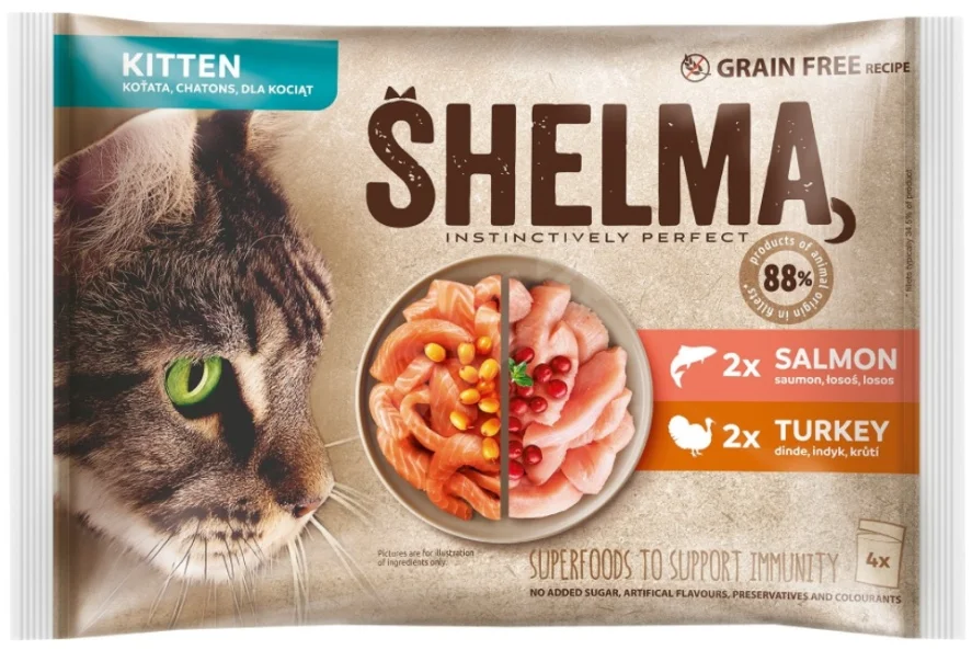 SHELMA Cat Kitten losos a krůta, kapsička 4x 85 g (4 pack)