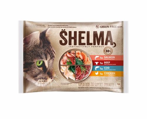 SHELMA Cat kuracie mäso, hovädzie mäso, losos a treska, kapsička 85 g (4 balenia)