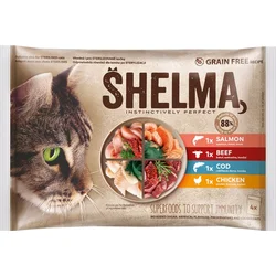 SHELMA Cat kuracie mäso, hovädzie mäso, losos a treska, kapsička 85 g (4 balenia)