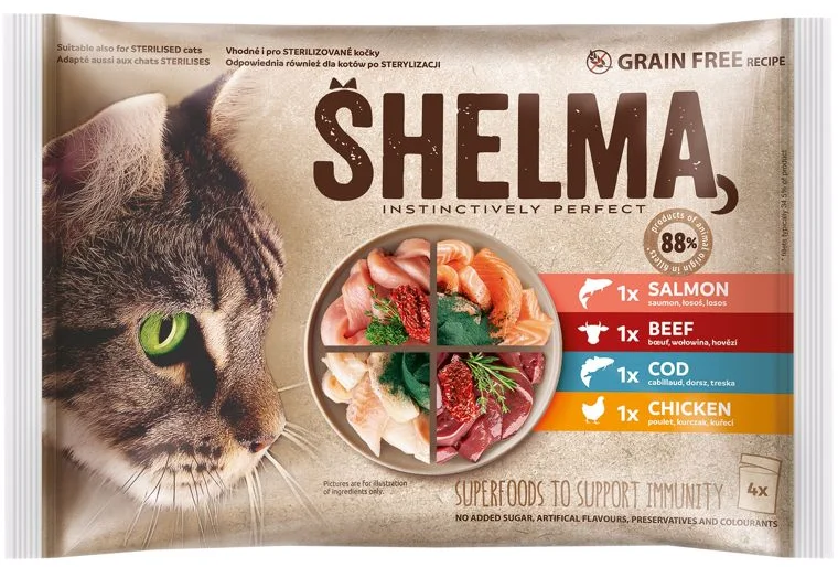 SHELMA Cat kuře, hovězí, losos a treska, kapsička 4x 85 g (4 pack)