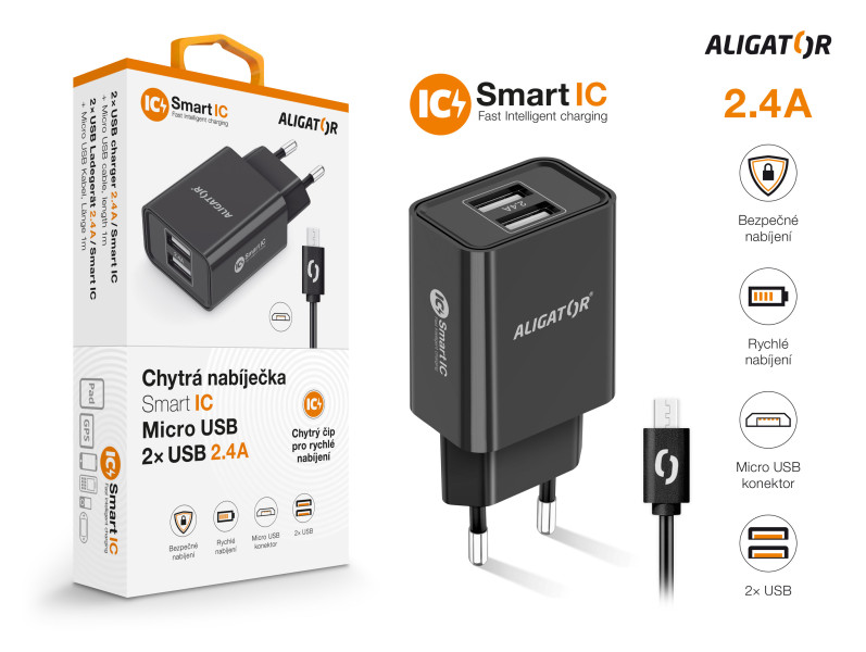 Sieťová nabíjačka ALIGATOR MicroUSB 2xUSB 2,4A, smart IC, čierna
