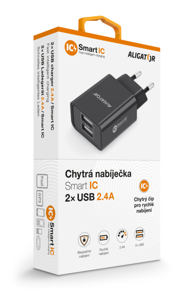 Sieťová nabíjačka ALIGATOR s výstupom 2xUSB, 2,4 A, smart IC, čierna