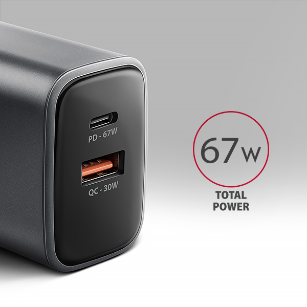 Sieťová nabíjačka AXAGON ACU-PQ67 GaN 67 W, USB-A + USB-C, PD3.0/PPS/QC4+/SFC2.0/Apple