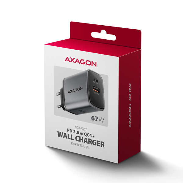 Sieťová nabíjačka AXAGON ACU-PQ67 GaN 67 W, USB-A + USB-C, PD3.0/PPS/QC4+/SFC2.0/Apple
