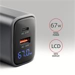 Sieťová nabíjačka AXAGON ACU-PQ67D GaN 67 W, USB-A + USB-C, PD3.0/PPS/QC4+/SFC2.0/Apple, LCD displej